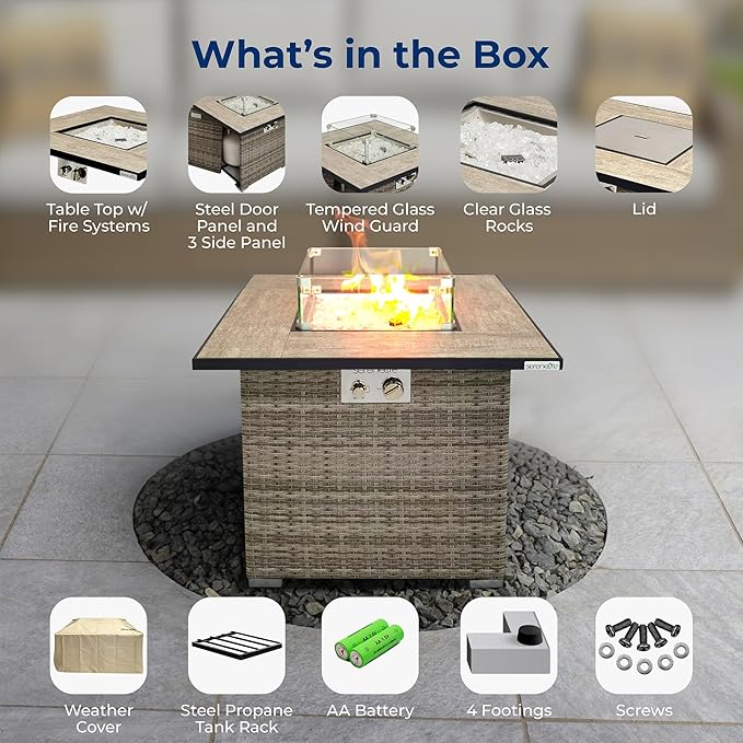 SereneLife Outdoor Propane Fire Pit Table 50,000 BTU CSA ETL Certified Square Wicker Gas Fire Table with Tile Top, Adjustable Flame, Decorative Glass Rocks, Weather-Resistant for Patio or Backyard