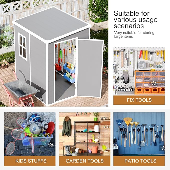 Resin Outdoor Storage Shed with Floor 5x4 FT Waterproof Plastic Sheds Kit Window Lockable Door Included, Outside Garden Tools Sheds for Backyard Patio