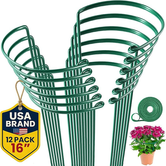 K-Brands 12 Pack Plant Support Stakes – Heavy-Duty Half Round Peony Support Ring and Cage for Indoor and Outdoor Plants – Peony, Tomato, Hydrangea, Rose 10" Wide x 16" High