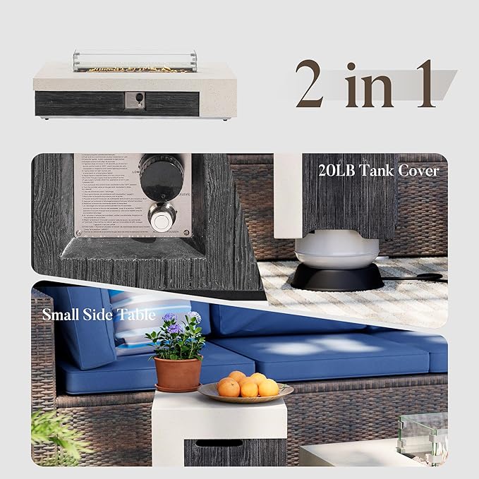 COSIEST 56" Outdoor Propane Fire Pit Table w Tank Cover & Wind Guard, Rectangle Gas Fire Pit Table with Concrete & Wood Grain Design, 50000BTU CSA Certified Fire Tables for Patio, Backyard, Garden