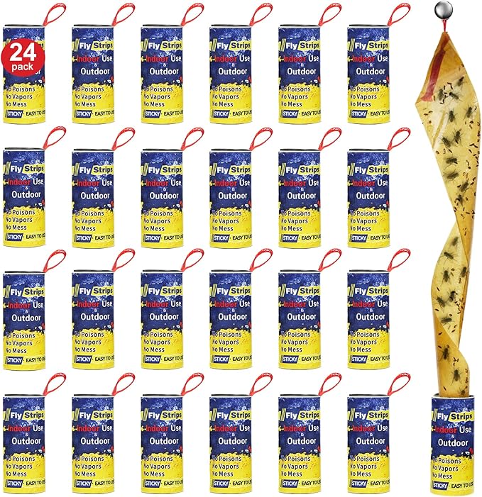 24 Pack Fly Strips Ribbon Sticky Indoor Outdoor Hanging, Fruit Fly Traps Outdoor Fly Paper Indoor, Gnat Flies Tape Catcher for Home