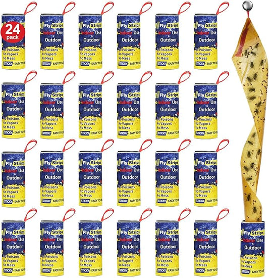 24 Pack Fly Strips Ribbon Sticky Indoor Outdoor Hanging, Fruit Fly Traps Outdoor Fly Paper Indoor, Gnat Flies Tape Catcher for Home