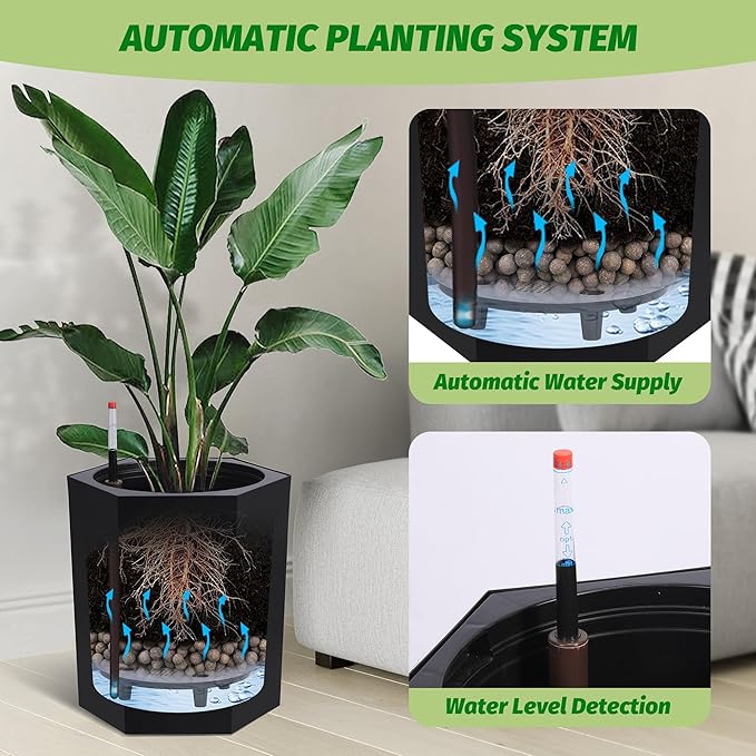 16 Inch Tall Outdoor Planters Set of 2, Self Watering Pots for Indoor Plants with Water Level Monitor & Drainage Hole & Wheels, Large Planter Pots for Garden, Patio, Balcony, Lounge, Black