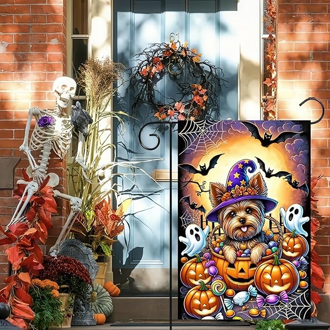 Halloween Garden Flag Double Sided 12x18 Flag Dog Ghosts Pumpkins Halloween Flag Yorkie Dog Witch Hat With Pumpkins Ghosts Bats Outdoor Halloween Decoration And Yard Lawn Banner