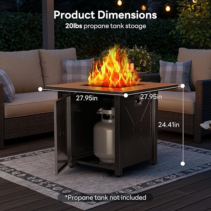28 Inch Propane Fire Pit Table, 3-in-1 Multi-Use 50,000 BTU Square Gas Fire Pit with Lid & Lava Rock, Steel Tabletop, Adjustable Flame, for Patio, Backyard, Deck, Outdoor Gatherings