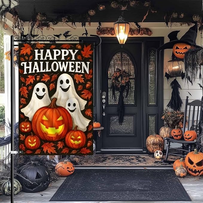 Halloween Garden Flag 12x18 Double Sided Burlap – Fall Outdoor Yard Flag with Pumpkins and Ghosts, Durable Seasonal Decoration