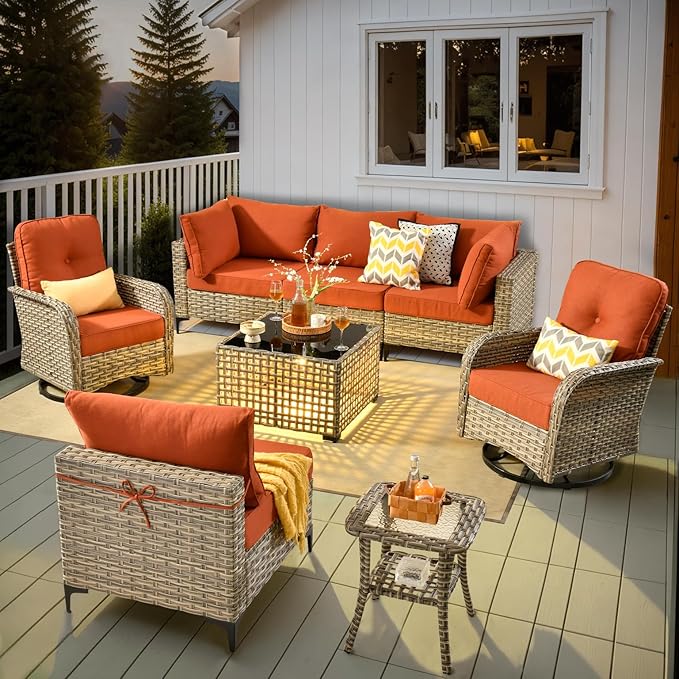HOOOWOOO Outdoor Patio Furniture Set,8 Pieces Wicker Out Door Sectional Furniture L Shaped Couch,Patio Conversation Sets with Swivel Rocking Chair LED Table,Orange Red