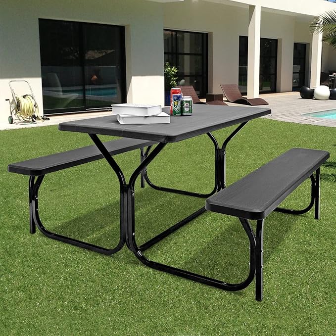 Moccha Picnic Table Bench Set - Portable Plastic Picnic Table w/Steel Frame & Wood-Like Texture, All Weather Heavy Duty Picnic Table Kit, Picnic Tables for Outdoors Garden Patio Party Dining (Black)