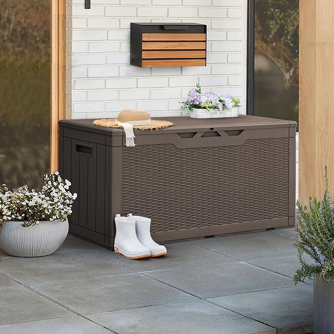 Greesum 100 Gallon Resin Patio Storage Box for Garden Tools, Outdoor Furniture Cushions, Pool Supplies, Dark Brown