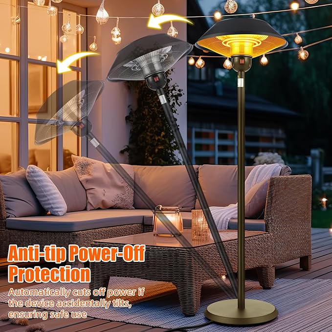 Patio Electric Outdoor Heater Stainless Steel 1500W Standing Infrared Heaters with Dust Cover for Indoor/Outdoor Use, 3 Heat Settings, Fast Heating, Height Adjustable, Tip-Over Protection