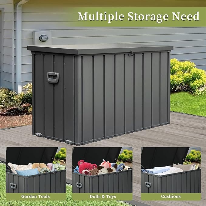 KUIKUI 200 Gallon Deck Box Waterproof, 200 Gallon Outdoor Storage Box, Metal Deck Box Waterproof for Pool Patio Cushions and Sports Pools Equipment, Dark Gray