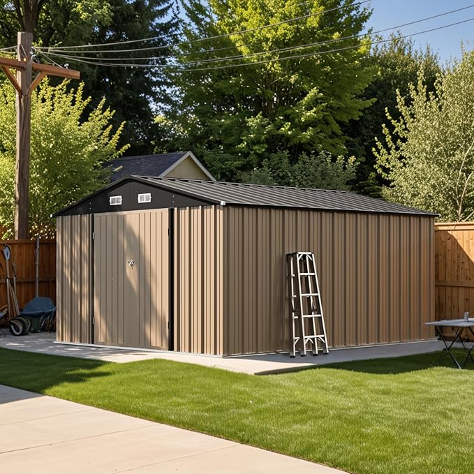 Patiowell 10 x 12 FT Metal Storage Shed for Outdoor, Steel Yard Shed with Design of Lockable Doors, Utility and Tool Storage for Garden, Backyard, Patio, Outside use,Brown