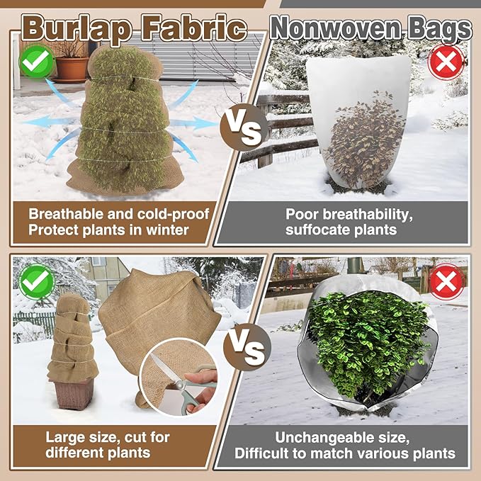 ANPHSIN 15ftx23.6in Natural Burlap Plant Covers Freeze Protection - Winter Frost Plant Blankets, Frost Cloth Tree Wrap for Outdoor Bushes Trees Potted Plants Cold Weather