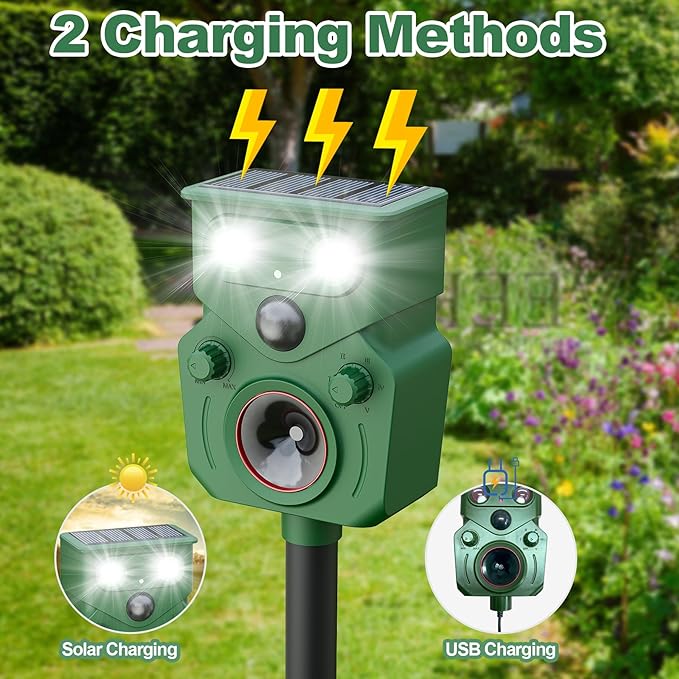 Ultrasonic Animal Repeller 2 Pack Solar Powered Squirrel Repeller Motion Sensor Deer Deterrent Rabbit Cat Dog Control Device with 5 Modes and Flashing Lights Outdoor Yard Lawn Orchard Garden
