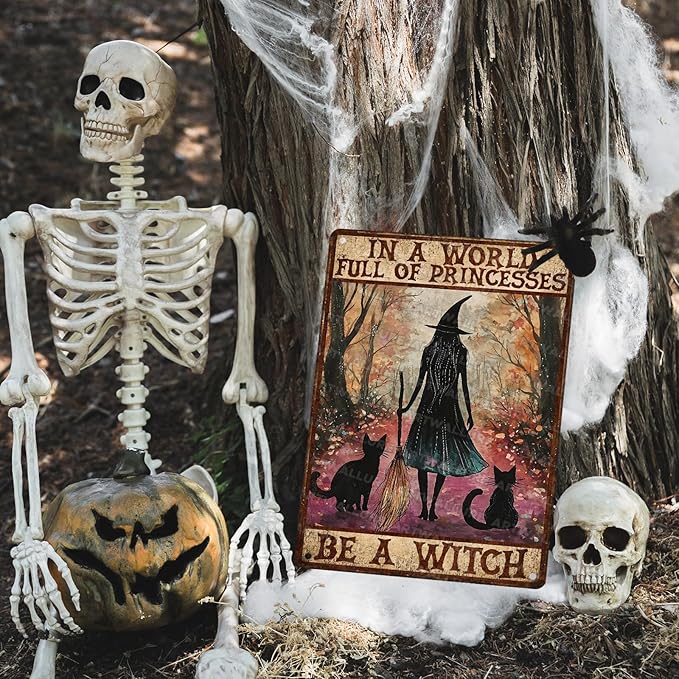 Halloween Witch Girl And Black Cat Vintage Sign In A World Full Of Princesses Be A Witch Halloween Metal Tin Sign for Home Bar Kitchen Hotel Dining Room Coffee 12x16inch