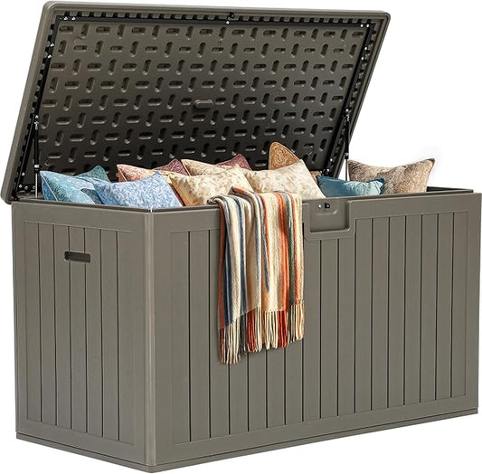 YITAHOME 200 Gallon Extra Large Deck Box, Double-Wall Resin Outdoor Storage Box with Flexible Divider for Patio Cushions Pool Supplies Garden Tools, 990 lbs Load Capacity, Lockable (Light Brown)