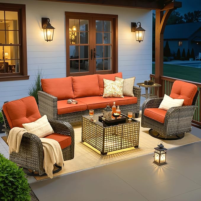 ovios 5 Pieces Patio Furniture Set, Outdoor Wicker Sofa Couch with Rocking Swivel Chairs Solar Lights Table, Modern Deep Seat Rattan Conversation Sets for Porch Deck, Orange Red