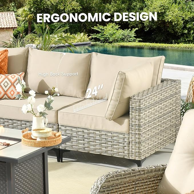 Outdoor Sectional Patio Furniture Set with Glowing Table,7 Pieces Wicker Conversation Sets L Shaped Couch Out Door Sofa Set Outside Furniture for Garden Deck Yard Porch,Beige