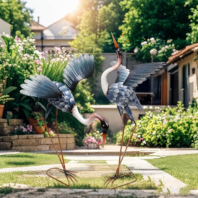 WONDER GARDEN Blue Heron Statue-Garden Statues for Outside - 2 Pack Crane Sculptures Statue, Metal Birds Yard Art for Pond, Patio, Outdoor, Porch Decor