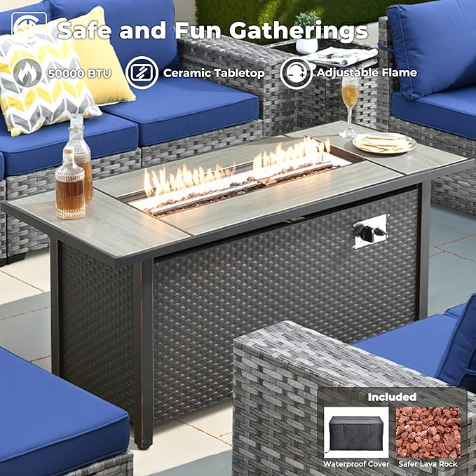 ovios 13 Pieces Patio Furniture Set, Outdoor Wicker Sectional Sofa with 54 Inch Fire Pit Table Comfy Cushions, Modern Modular Deep Seat Rattan Couch Conversation Set, Navy Blue