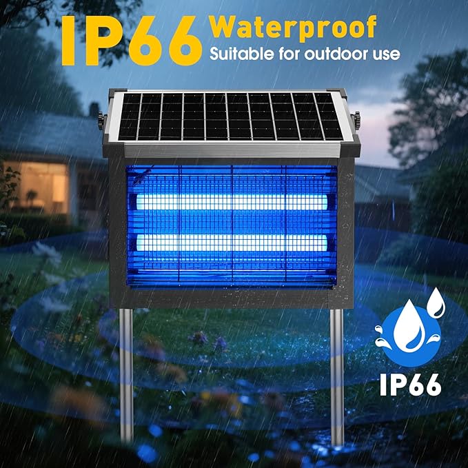 Bug Zapper Outdoor Solar Powered, Zwiran Mosquito Zapper Indoor with 4500V High Powered, Electric Fly Zapper with Extension Cord and Grounding Bracket, Rechargeable Waterproof Mosquito Killer