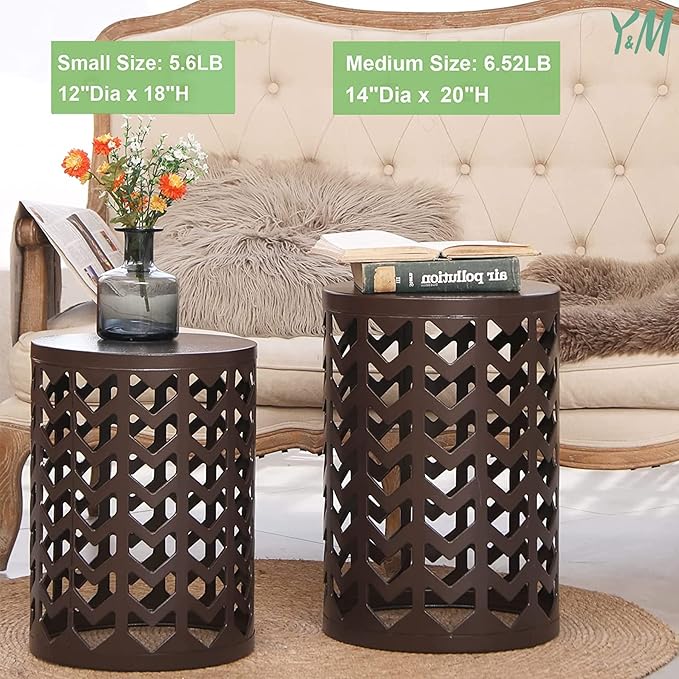 Y&M Nesting Side Table, Set of 3 Stacking Coffee Table for Living Room, Indoor End Tables, Outdoor Garden Stool with Heavy Duty Modern Industrial Decor - Pure Brown (Ship from US)