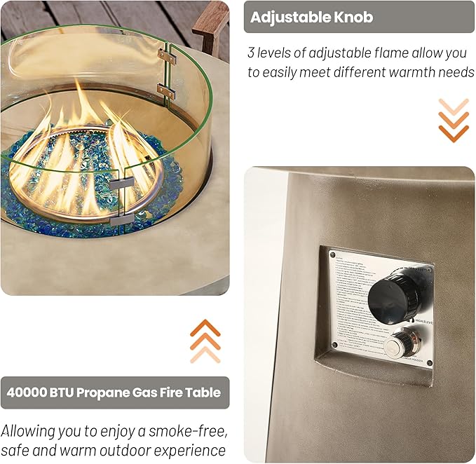 HOMPUS Outdoor Propane Fire Pit, 31-inch Round Gray Propane Fire Pit with 10 lbs Aqua Blue Fire Glass, 40000 BTU Gas Smokeless Fire Pit, Patio Concrete Fire Pit with Lava Rocks and Rain Cover