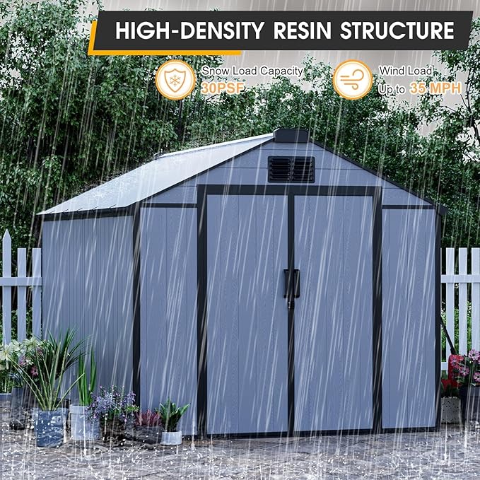 8 x 10 FT Resin Storage Tool Shed, All-Weather Outdoor Storage Shed with Windows, Lockable Doors & Floor, Plastic Storage Shed for Patio, Poolside, Backyard, Garden