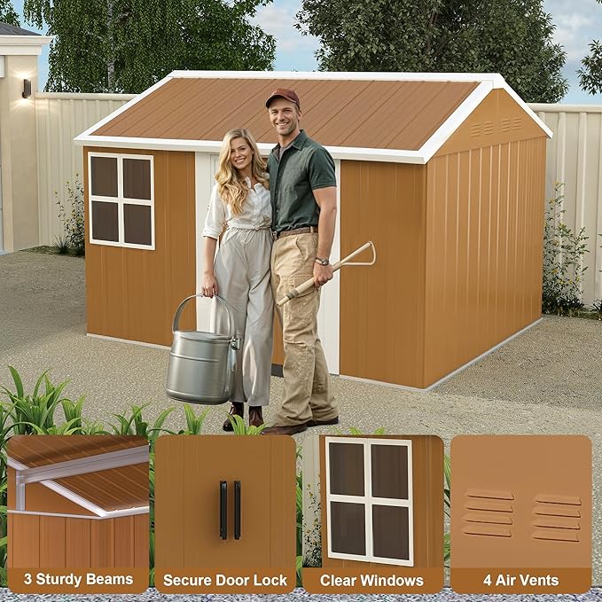 KEIKI 10FT x 8FT Heavy-Duty Metal Storage Shed, Outdoor Storage Shed with Floor & Window and Lockable Doors, Weatherproof Outdoor Garden Shed for Garden, Backyard, Patio, Lawn