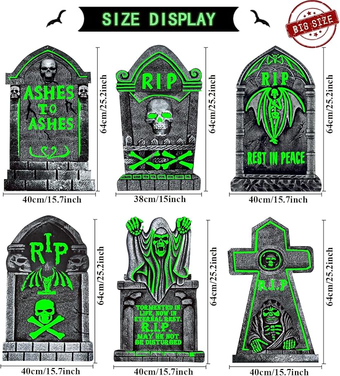 6Pcs Large Halloween Tombstones Yard Sign Graveyard Decor, 25"x16" Glowing Cemetery Props, Light Up Tombstones for Outdoor Halloween Displays, Reusable Weatherproof Gravestones for Grave Decorations