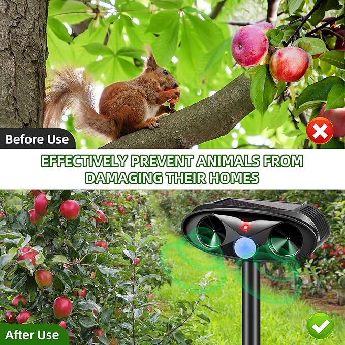 2025 Upgraded Solar Ultrasonic Animal Repellent Outdoor, 4 Pack Deer Repellent Devices USB Charge Animal Deterrent for Cat,Squirrel,Dog,Raccoon,Skunk,Rabbit Repellent for Yard Garden Lawn,Black