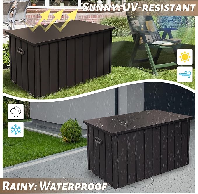 150 Gallon Large Outdoor Storage Box Metal, Waterproof Deck Box for Patio Cushion, Outside Storage Cabinet Rust/UV Resistant, Lockable Garden Tool Storage Bin for Porch Package Delivery, Brown