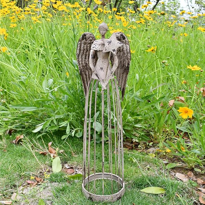 Linfevisi Garden Angel Statue Decor Rustic Metal Angel Sculpture Yard Art Heavenly Home Decor Antiqued Accent Housewarming Garden Gift 26 Inch Tall (Star)