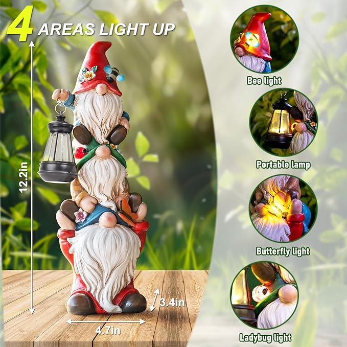 Garden Gnome Statue with Solar Lights Garden Sculptures Funny Triple Gnome Outdoor Patio Lawn Yard Balcony Garden Home Decor Birthday Gifts for Women Mom Grandma 12 in Fall Gnome