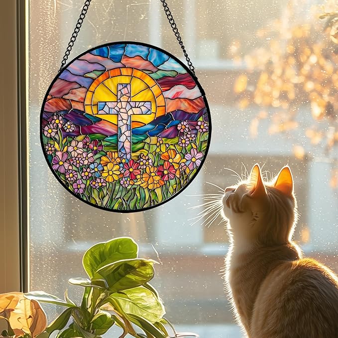 Stained Glass Window Hanging - Cross Flower Sea Sun Catcher for Door Terrace Garden Home Decor, Mountains Landscape Suncatcher Birthday Gifts for Lovers Women Men Dad Mom Nana 6.3 in