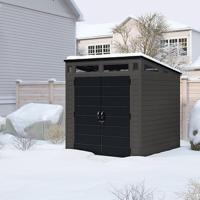 Suncast Modern Outdoor Storage Shed, 200 cu. ft. Peppercorn Resin Plastic Shed for Lawn Mower, Bikes, Utility Tools, Patio, & Yard. Weatherproof & Lockable Modern Sheds & Outdoor Storage, Made in USA