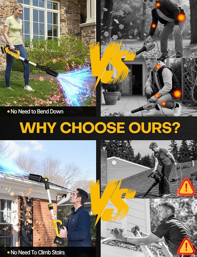 Cordless Leaf Blower for DEWALT 20V Battery, 31000RPM Brushless Motor, 650CFM/280MPH,Lock-On Switch,60° Adjustable Head, Telescopic Pole & 3-Speed Lightweight Blowers for Lawn Care, Snow Removal, Yard