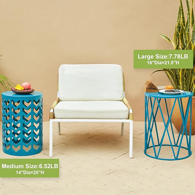 HFHOME Set of 3 Metal Side End Tables Nightstand, Nesting Round Coffee Table for Indoor Outdoor, Heavy Duty Metal Plant Stand Living Room Garden Stool - Blue