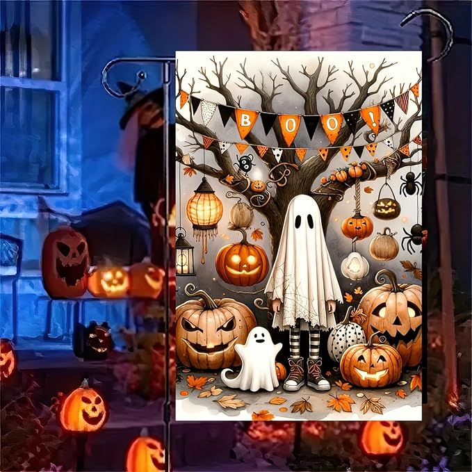 Halloween Ghost Garden Flag 12x18 Inch Double Sided Vertical Flag Spooky Pumpkin Garden Flag for Outside, Halloween Decoration for Home, Fall Porch Lawn Patio Banner