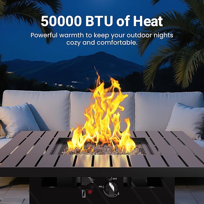 Royalcraft 2 in 1 Propane Fire Pit Table, 50000 BTU Gas Fire Pits Table with Removable Lid, Lava Rock and Cover, Square Fire Table for Dining or Party on Garden, Patio, Yard, 30", Black