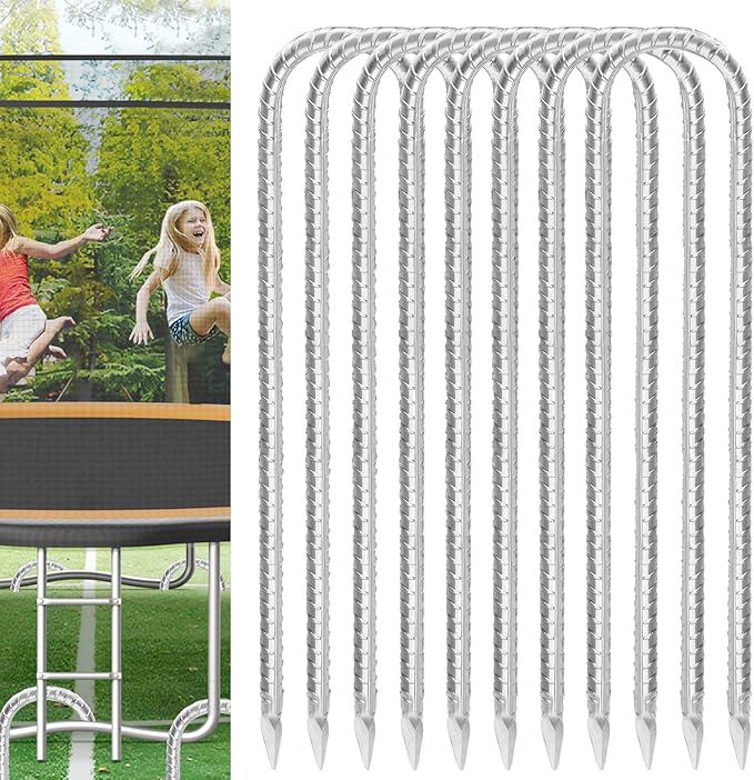 Trampoline Stakes Anchors High Wind 12inx6mm Galvanized U Hook 8pcs Rebar Stakes – Heavy Duty Ground Anchors for Trampoline,Yard & Inflatable,Landscape Metal Stakes for Outdoor Decorations