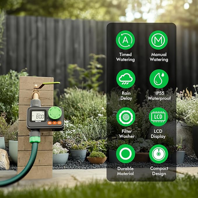RESTMO Sprinkler Timer, Programmable Water Timer for Garden Hose, Automatic Control | Manual ON/Off | Rain Delay for Outdoor Faucet, Drip Irrigation and Lawn Watering System