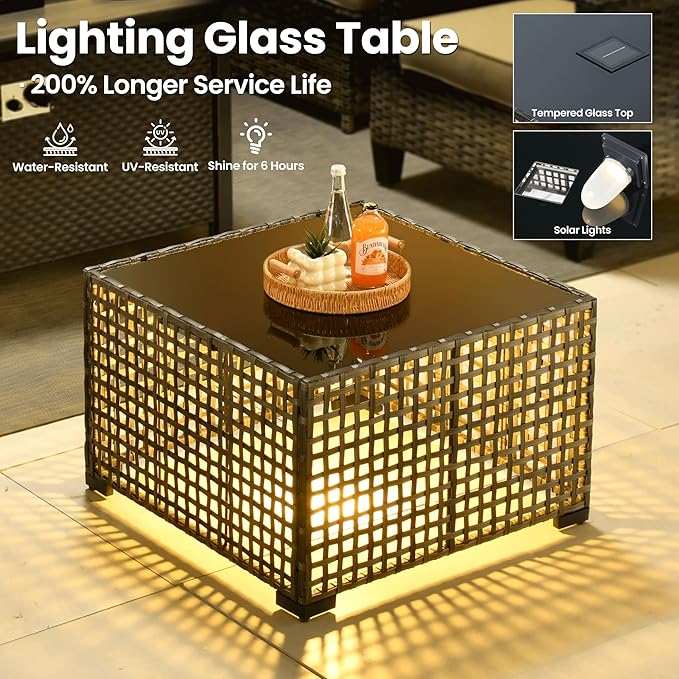 ovios 8 Pieces Patio Furniture Set Outdoor Sofa Couch with Solar Lights Table Comfy Cushions, Modern Deep Seat Wicker Rattan Conversation Set for Porch Deck, Beige