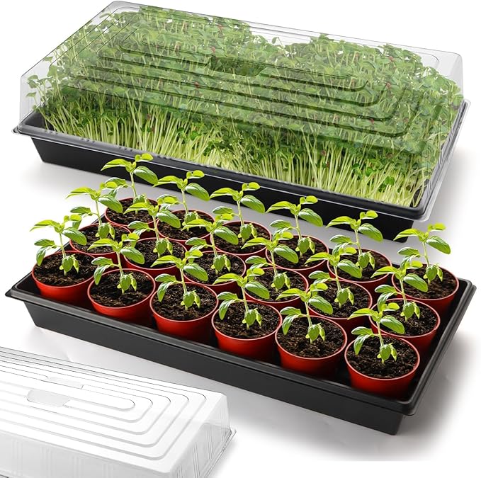 5-Pack 1020 Seed Trays with Humidity Domes - Reusable Heavy Duty Plant Propagation Trays, 3.6" 1020 Clear Greenhouse Covers & Handle for Seedlings, Cloning, Microgreens (No Holes Design)