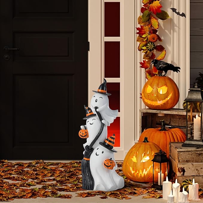 Glitzhome Halloween Front Porch Decor, 21.75" H Resin Stacked Ghost Standing Sign for Indoor Patio Party Decorations