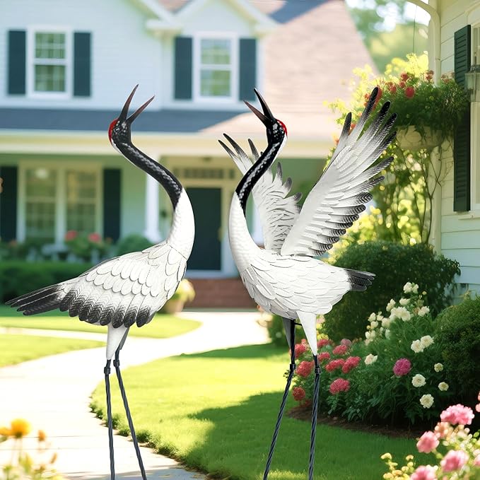 chisheen Crane Garden Statues Outdoor Metal Heron Yard Art Crane for Garden Sculptures Patio Lawn Ornaments,Set of 2