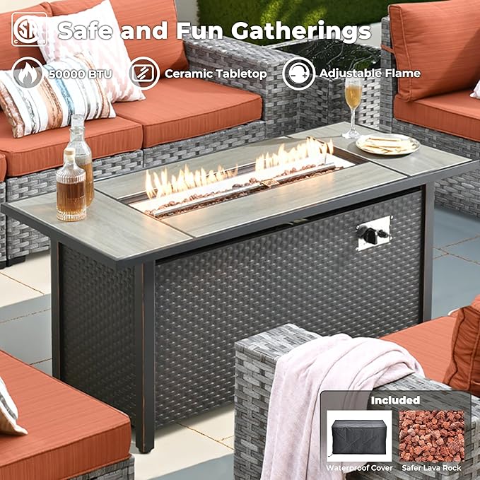 ovios 13 Pieces Patio Furniture Set, Outdoor Wicker Sectional Sofa with 54 Inch Fire Pit Table Comfy Cushions, Modern Modular Deep Seat Rattan Couch Conversation Set, Orange Red