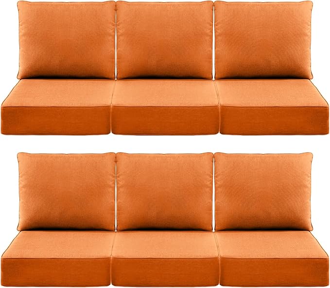 Luxury 6" Outdoor Cushions for Patio Furniture, 24x24x6 Thick Seat Cushion Set of 6, Fade Resistant Couch Chair Replacement Cushions High Density Deep Wicker Chair Cushion w/Removable Cover, Orange