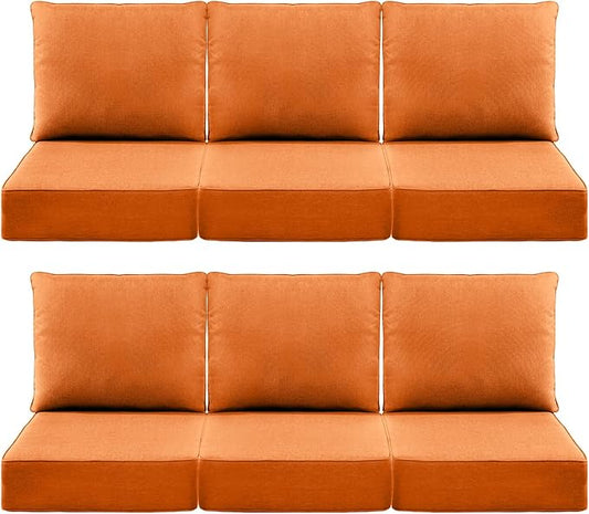 Luxury 6" Outdoor Cushions for Patio Furniture, 24x24x6 Thick Seat Cushion Set of 6, Fade Resistant Couch Chair Replacement Cushions High Density Deep Wicker Chair Cushion w/Removable Cover, Orange