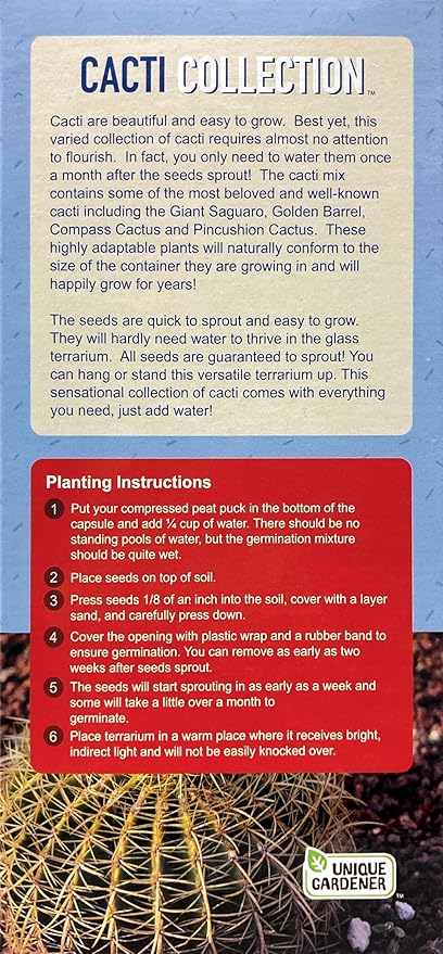 Cactus Terrarium Grow Kit by Unique Gardener - DIY Indoor Hanging or Standing Garden Starter Set with Complete Supplies, Easy to Grow Terrariums for Home Decor!